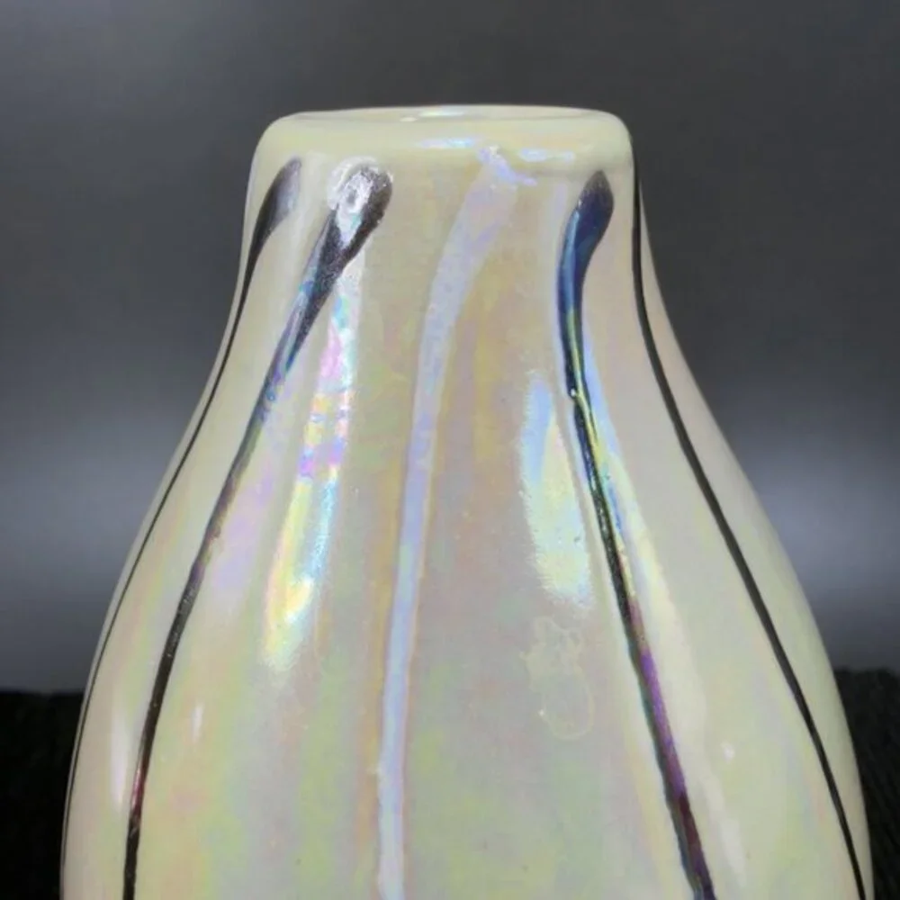Vintage Ceramic Bud Vase With Yellow Shiny Iridescent‎ Finish Black White Lines